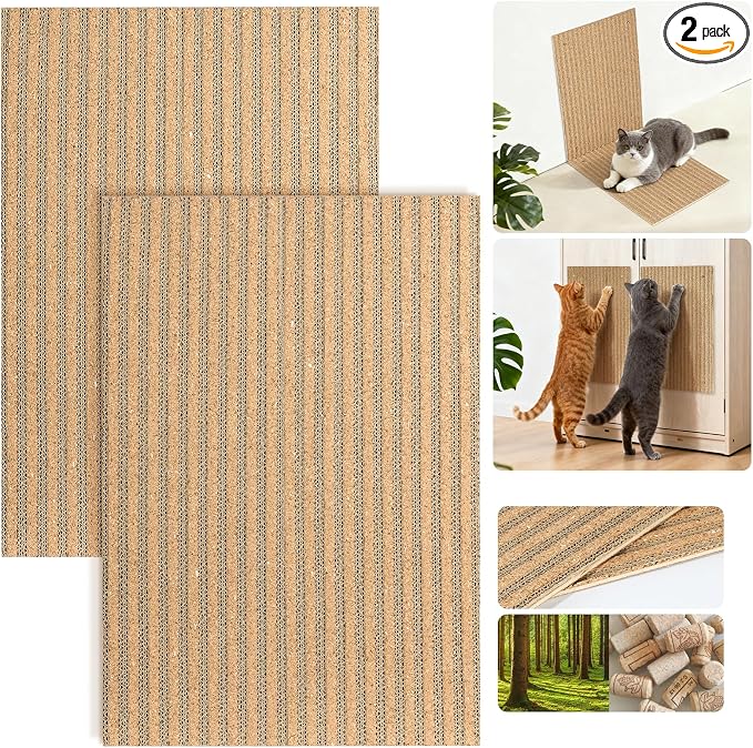 Natural Cork Cat Scratch Ardboard for Cats 2 Pack-Cat Scratcher Pads Indoor-Wall Cat Scratchers-Cat Scratcher Furniture Protector-Carpets Scratching Posts-Stretching-No Mess Splinters Easy Clean