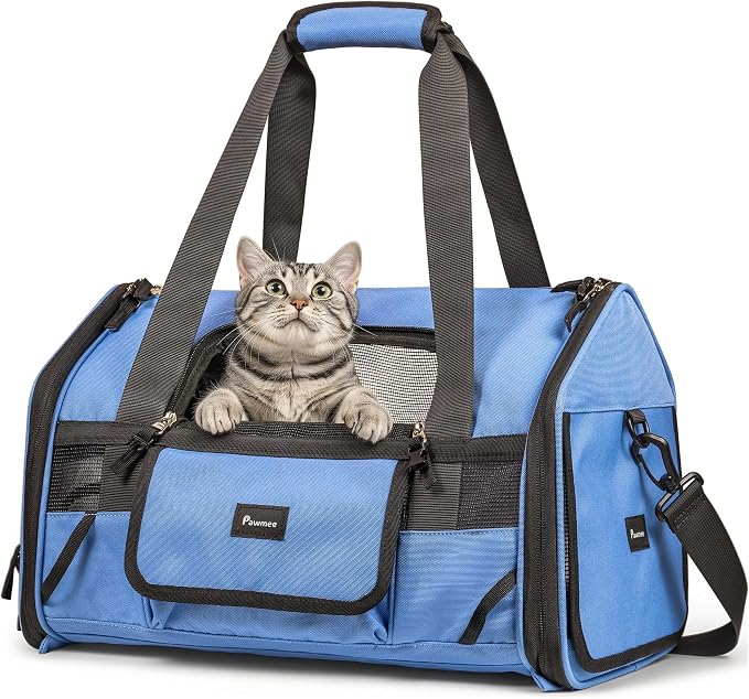 Soft-Sided Travel Cat Carrier with Safety Buckles, Lockable Zippers & Safety Tether, Escape-Proof Collapsible Pet Carrier for Car Rides & Vet Visits, Airline Approved Underseat, Up to 12lbs