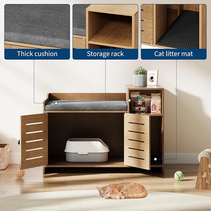 Patikuin Hidden Cat Litter Box Enclosure Cabinet with Mark Pad & Storage Shelf – Modern Farmhouse Indoor Cat House Furniture for Hallway, Bedroom, or Living Room – Odor Control, Country Oak