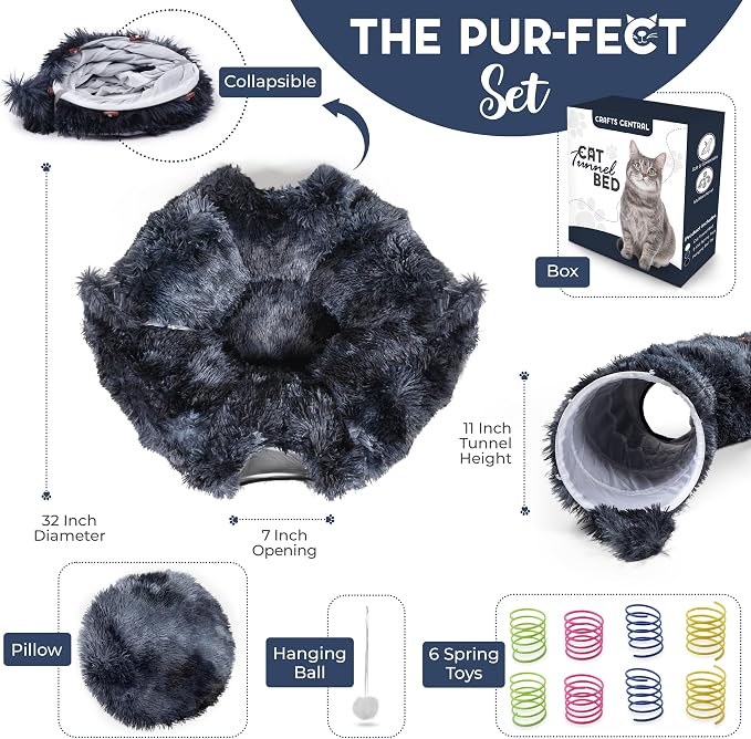 Cat Tunnel Bed with 8 Spring Toys - Plush Peekaboo Cat Cave for Indoor Pets - Versatile Cat Donut Tunnels for Indoor Cats- Foldable Kitten Bed Tunnel