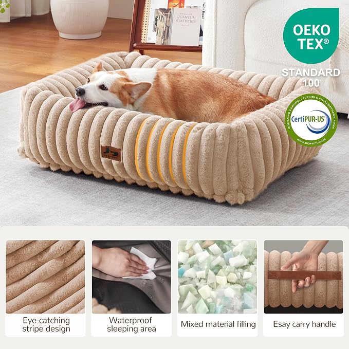 Dog Beds Large Sized Dog,Rectangle Orthopedic Pet Bed for Large Dog, Comfort Fluffy Memory Foam Dog Beds with Anti-Slip Bottom,Camel(35x25x9inchs)