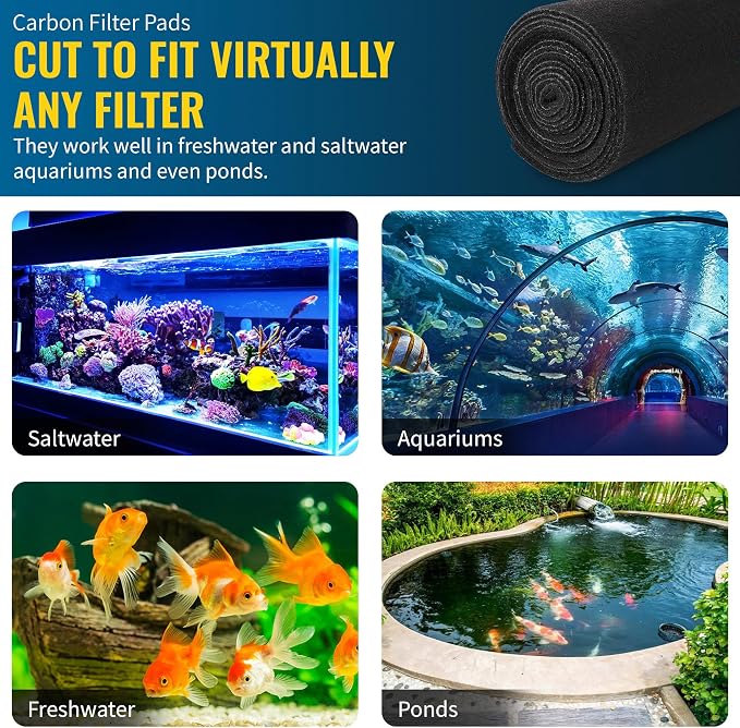 CFS – 10.5" x 72" Carbon Infused Filter Pad Media for Aquariums, Fish Tanks & Ponds – Cut to Fit Charcoal Filter Pads – Removes Odor, Impurities & Discoloration, Improves Water Clarity, Black - 1 Pack