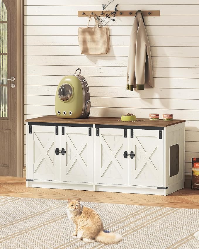 Hzuaneri Cat Litter Box Enclosure for 2 Cats, Hidden Litter Box Furniture Cabinet with Double Room, Indoor Cat House, Farmhouse Style, 46.7 x 18.9 x 21.1 Inches, Rustic Brown and White CB85314X