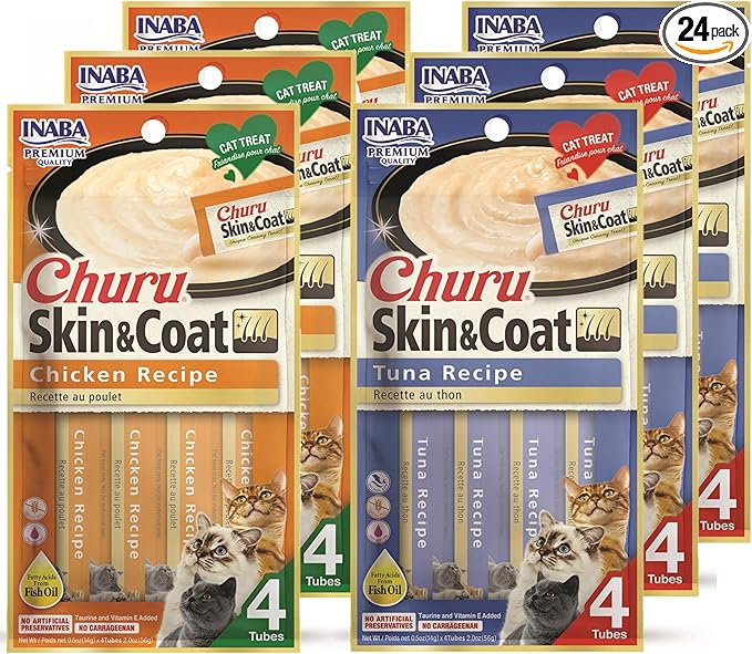 INABA Churu for Skin and Coat Lickable Purée Natural Cat Treats with Omega Oils, Taurine and Green Tea, 0.5 Ounces Each - 2 Flavor Variety Pack (24 Tubes)