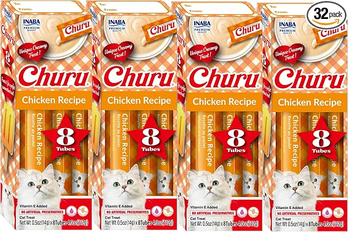 INABA Churu Lickable Purée Natural Cat Treats Gift Box- Tuna with Chicken Recipe, 32 Tubes (4 Gift Boxes of 8 Tubes Each)