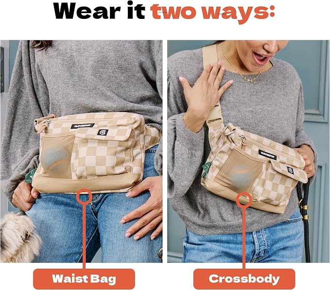 Cleverpup Walk & Train 2-in-1 Dog Walking Bag - Hands-Free Training Crossbody Sling & Fanny Pack with Treat Pouch, Poop Bag Holder, Phone Pockets - Adjustable Waist or Shoulder Strap - Checkerboard