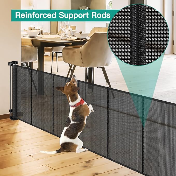 24 Inch Tall x 110 Inch Extra Wide Retractable Dog Gate for The House, Short Baby Gate to Step Over, Reinforced Mesh Puppy Gate for Doorways, Step Over Pet Gate for Stairs, Indoor/Outdoor, Black