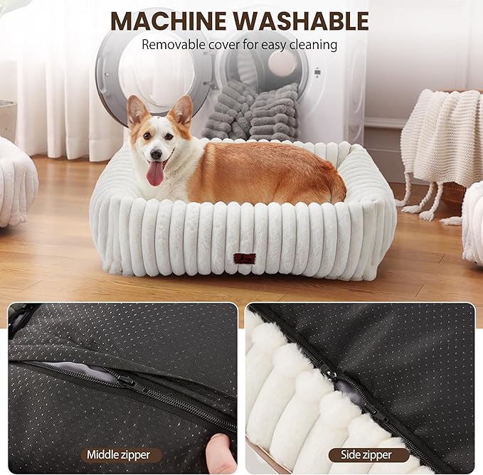 Dog Bed Medium Size Dog, Rectangle Orthopedic Pet Bed for Car and Indoor, Comfort Fluffy Memory Foam Dog Beds with Anti-Slip Bottom, Cream(30x24x8inchs)