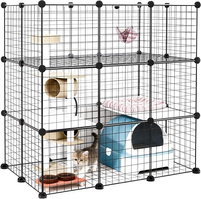 DIY Modular Cat Enclosure 3x3x2 Grid | Extra Large Indoor Cat Playpen | Foldable Black Wire Metal Cat Cage with Multi-Level Shelves | Approx. (43.7" x 29.5" x 43.3")