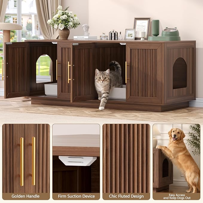 Fluted Cat Litter Box Enclosure, 47.2" Large Double Hidden Litter Box Furniture Cabinet for 2 Cats, Indoor Cat House, Modern End Table for Living Room, Entryway, Bedroom, Walnut