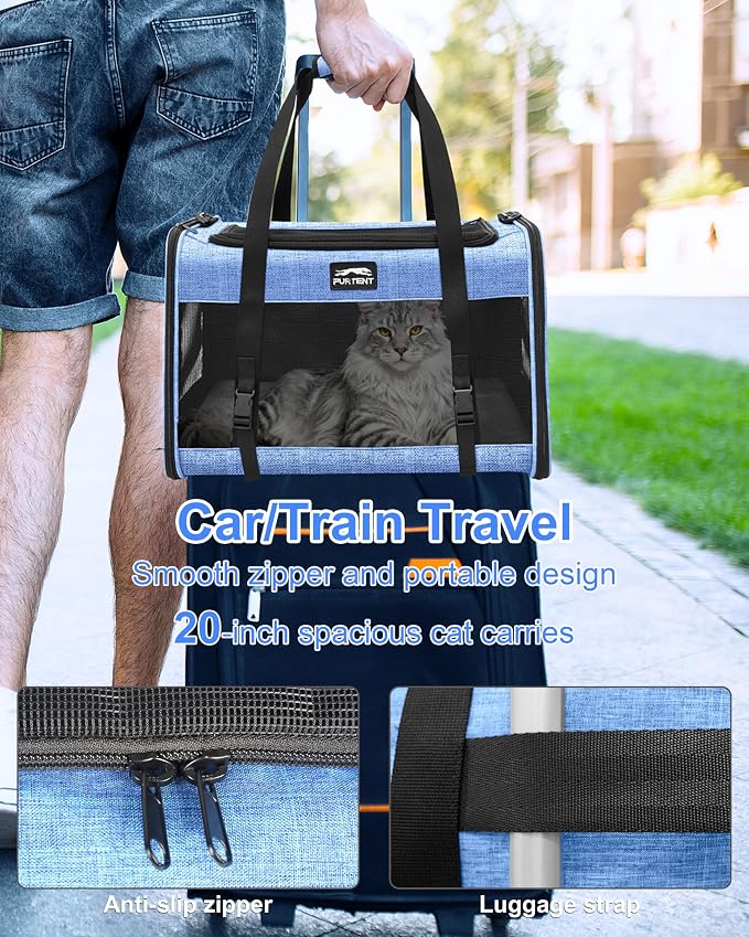 Soft-Sided Large Cat Carrier for 2 Cats, Spacious Foldable Pet Travel Carrier for Large Cats up to 25 Lbs, Double Cat Bag with Shoulder Strap, 20x13x13 Inch, Fits Maine Coon and Small Dogs, Blue