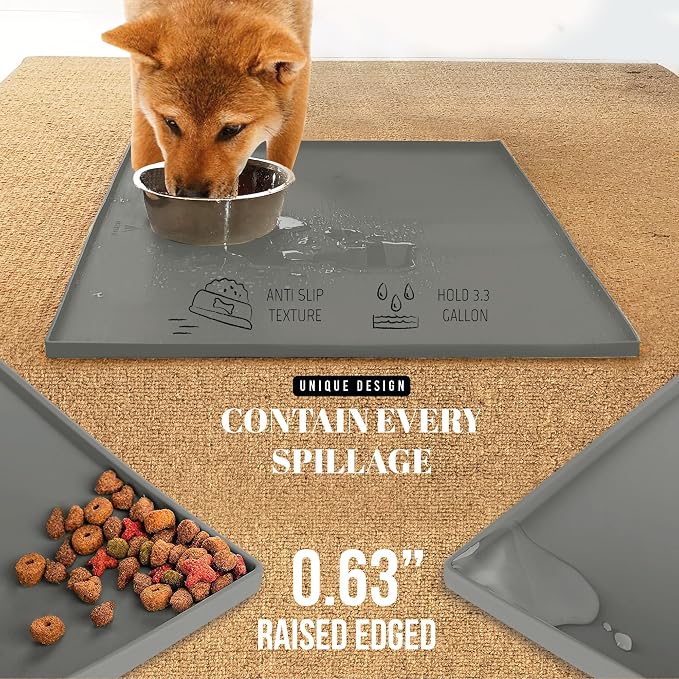 AVERYDAY 100% Waterproof Thicker Silicone Dog Food Mat, 0.63'' Raised Edge Bowl Mat for Food & Water, Non Slip Pet Feeding Placemat for Messy Drinkers, Perfect for Large Medium Small Breeds, 23"x16"
