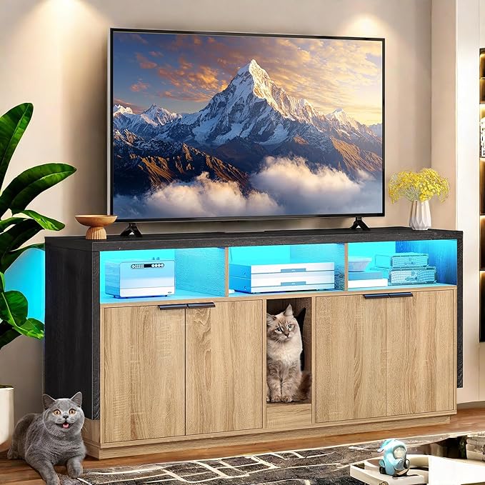 YITAHOME Double Hidden Cat Litter Box Enclosure with Power Outlet & LED Light, 60 Inch Dual Kitty Litter Box TV Stand Furniture for 2 Cats, Wooden Cat Cabinet for Indoor Cats, Grey Oak