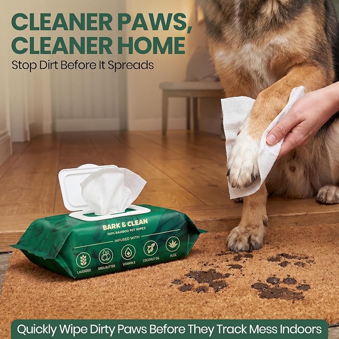 Bark & Clean Dog Wipes for Paws and Butt, 50 Count, Extra Large, Thick 8.5" x 9" Hypoallergenic Bamboo Puppy Compostable Cleaning & Deodorizing Grooming Wipes with Lavender