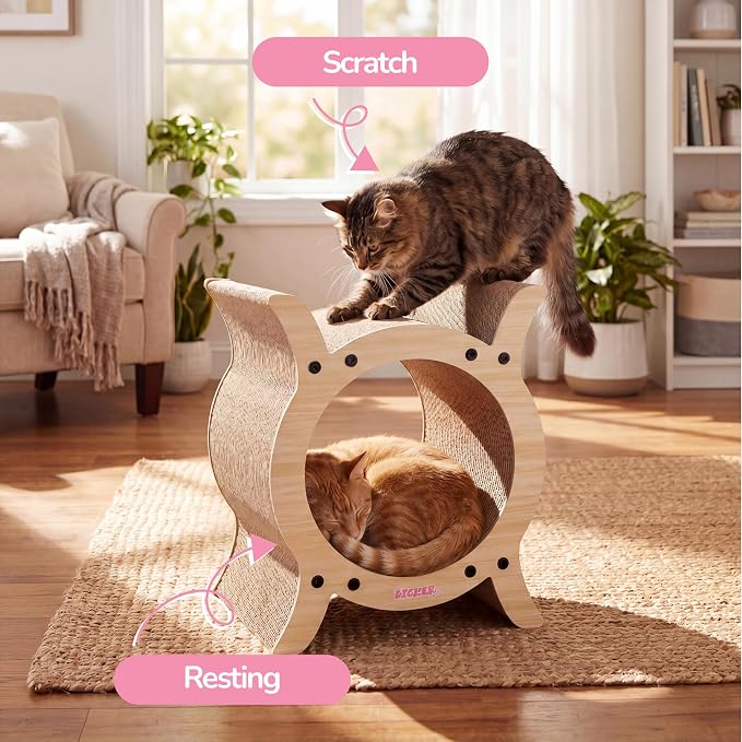 Nyan 16.5" Modern Cardboard Tunnel Cat Scratcher House with Catnip, Corrugated Indoor Cat Hideaway Den, Oak Wood Pattern Scratching Surface for All Cats CSR1007I