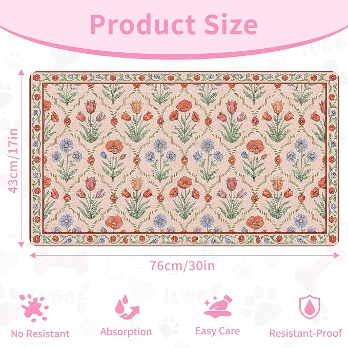 Vintage Floral Pet Feeding Mat, Absorbent Dog & Cat Food Mat for Bowl, Non-Slip Quick Dry Pet Placemat Floor Protector for Messy Drinkers(17 x 30 in)