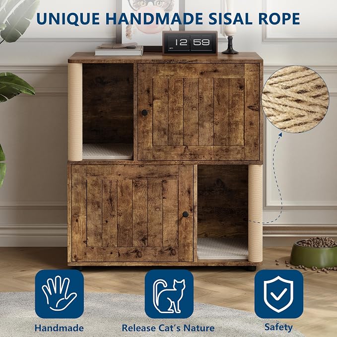 Cat Litter Box Enclosure, Two-Story Wooden Hidden Litter Box Furniture with Scratching Post, Multi-Level Cat Washroom Cabinet for 2 Cats, Reinforced Wood Frame & Ventilated Design for Small Apartment