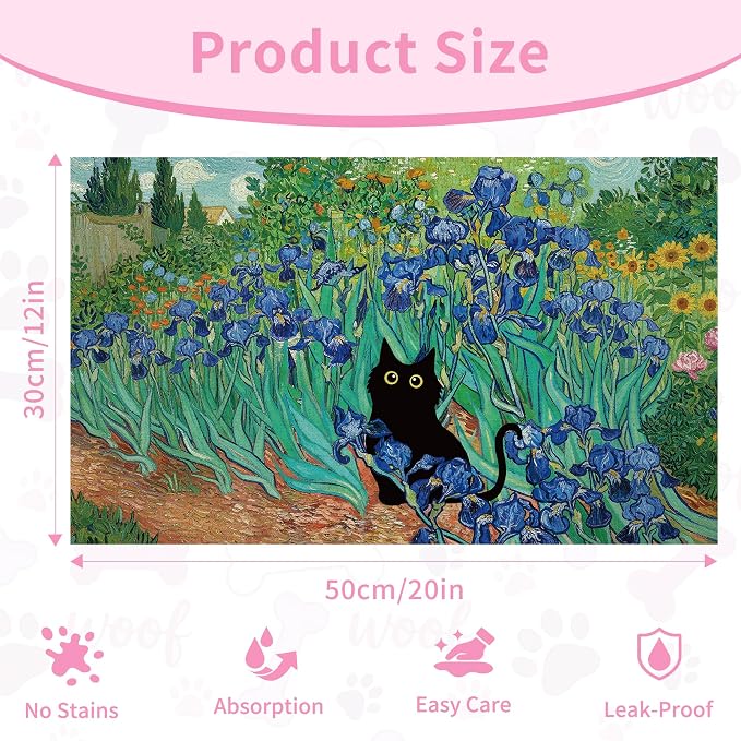 Black Cat Pet Feeding Mat, Absorbent Dog/Cat Food Mat for Food and Water Bowl, Non-Slip Quick Dry Pet Placemat Floor Protector for Messy Drinkers(12 x 20 in)