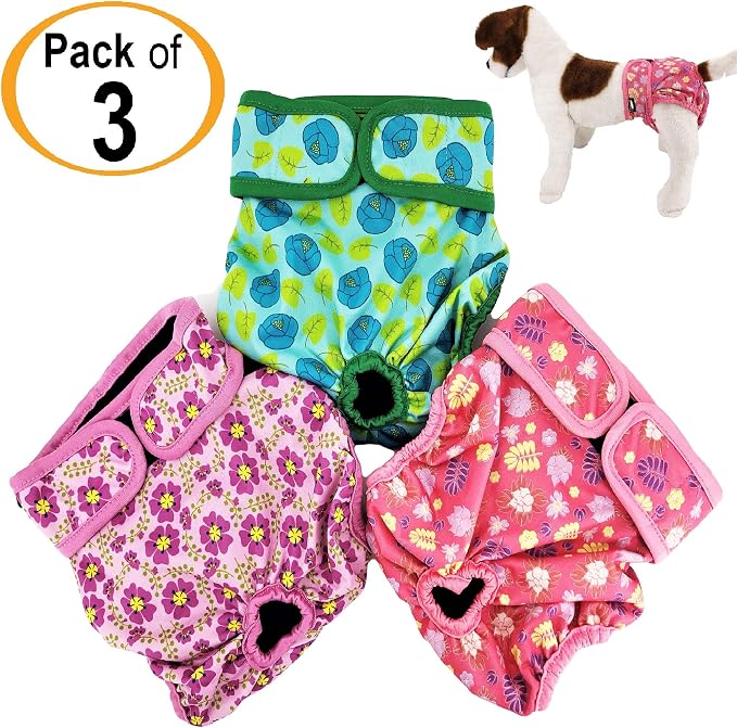 Pack of 3 Female Dog Diapers with 4 - Layers of Absorbent Pads Cat Panties Waterproof Leak Proof Washable (XS: Waist 8" - 12", Flowers Pattern)