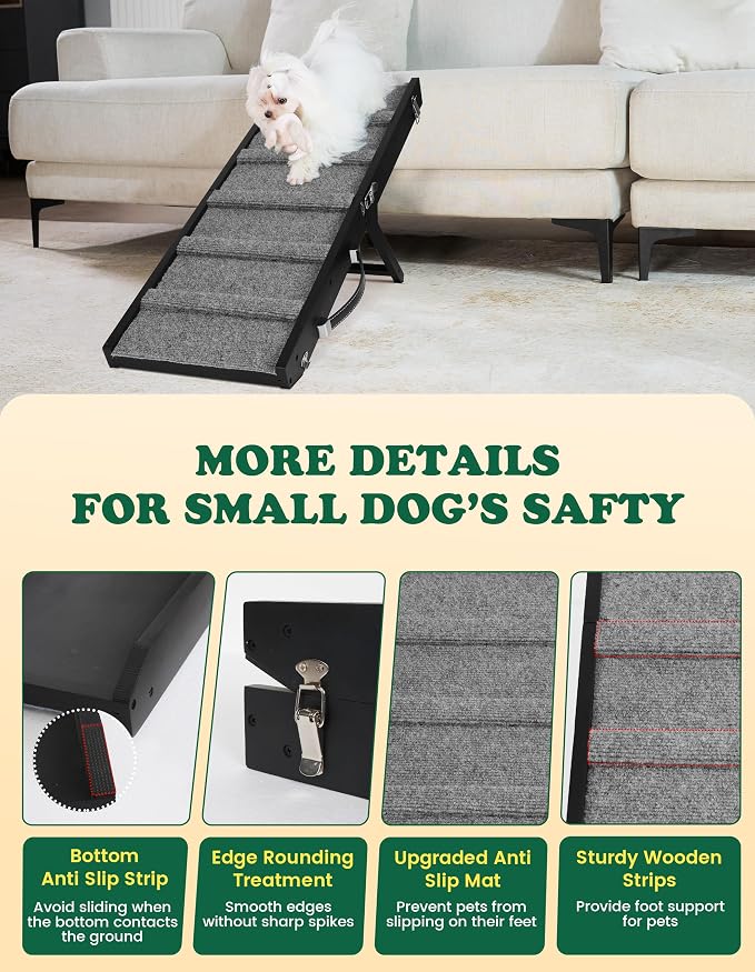 Dog Ramp Dog Stairs for Small Dogs Foldable Ramps with 4 Adjustable Heights from 7.48'' to 15.35" Wood Pet Stairs with Non Slip Carpet Portable Puppy Ramps for Couch, Sofa, Low Bed (Black)
