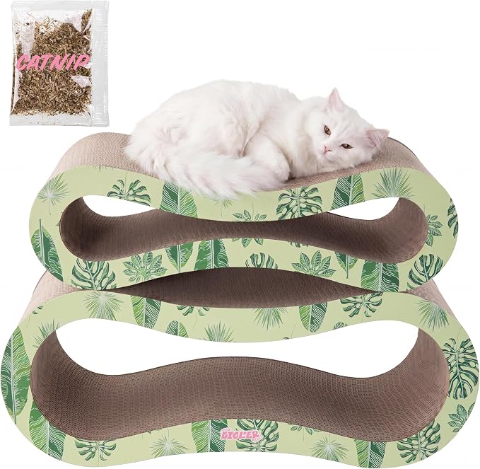Suvi 26" Modern Cardboard Infinity 2-in-1 Lounge Bed Cat Scratcher with Catnip, Green Leaf, Corrugated Scratching Surface and Tunnel for Indoor Cats CSR1014I