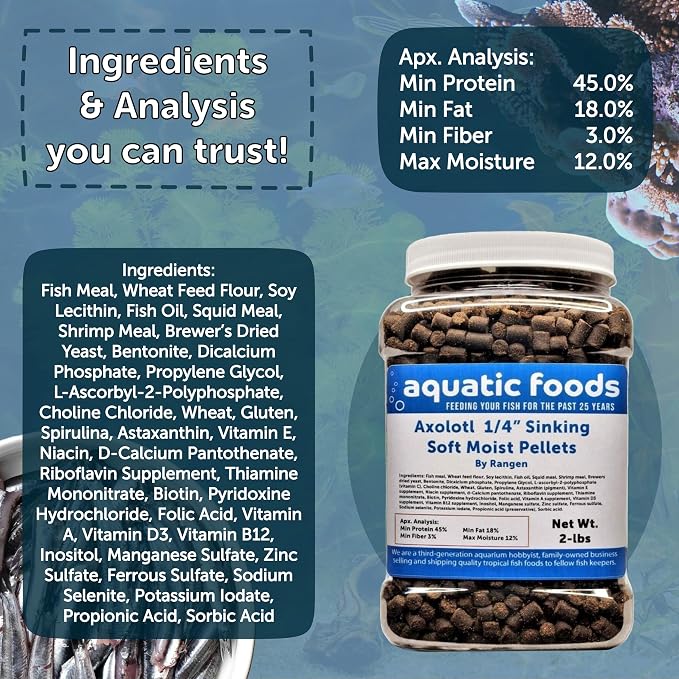 Axolotl Food 1/4" Soft Moist Sinking Salmon Pellets for Adult Axolotl Also Shrimp, Snails, Crabs, Crayfish, Bottom Tropical Fish...12oz Small Jar