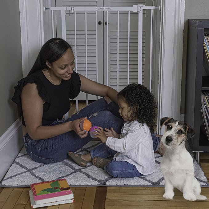 Ozzy & Kazoo Extra Tall Walk-Through Dog Gate, Fits Openings 28.75-39.75” Wide, White Metal Dog Gate, for Doorways and Stairways, 36” Tall