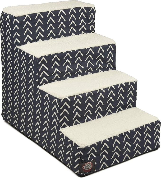 Majestic Pet 4 Step Portable Dog Stairs for Small Dogs to get on Bed Supports 25 lbs or Less – Dog Steps for High Bed with Machine Washable Cover – Pet Stairs for Cats Boho Arrow Navy Blue