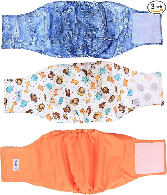 Teamoy Reusable Wrap Diapers for Male Dogs, Washable Puppy Belly Band Pack of 3 (L1, 16"-20" Waist, Orange+ Denim+ Fat Smile)