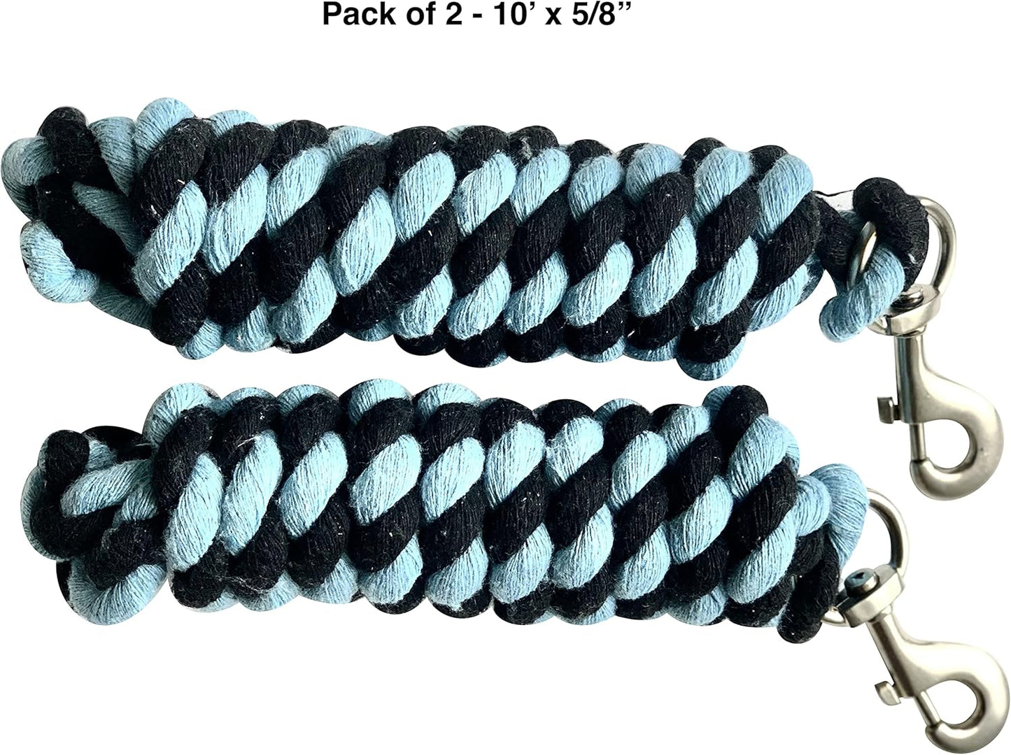 Majestic Ally Pack of 2 Solid Cotton Lead Rope for Horses & Livestock – 10 Foot Long and 5/8 inch Thick - Replaceable Heavy-Duty Satin Bolt Snap – Handmade – Soft, Broken in Feel (Sky Blue - Black)