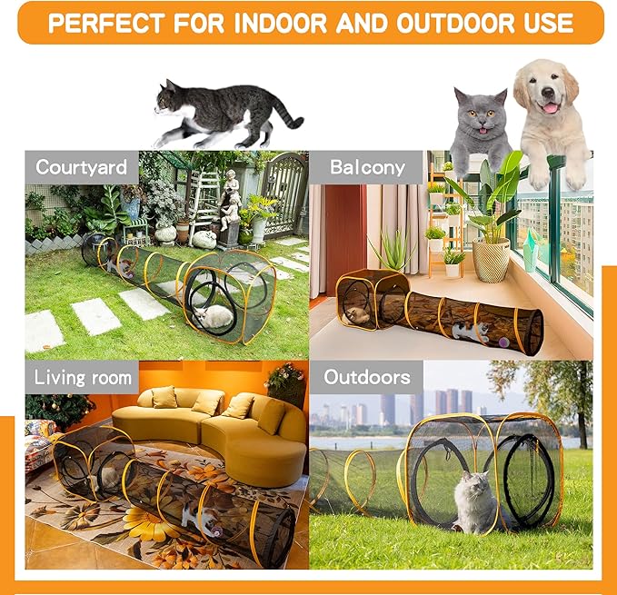Cat Play Tunnel + Cube(with Three Ways) for Indoor and Outdoor, Cat Playpen, Play Enclosures, Collapsible Cube, Tunnel, Easy to Connect with Tent