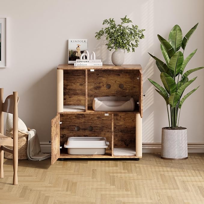 Cat Litter Box Enclosure, Two-Story Wooden Hidden Litter Box Furniture with Scratching Post, Multi-Level Cat Washroom Cabinet for 2 Cats, Reinforced Wood Frame & Ventilated Design for Small Apartment