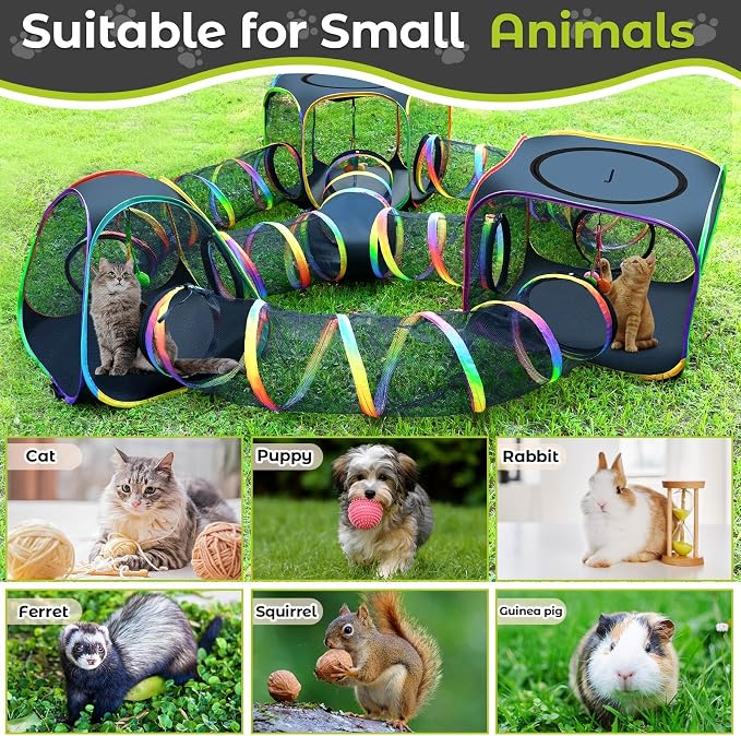 CypherX Outdoor Rainbow Cat Enclosure, 7 in 1 Portable Cat Tents for Outside Cage Free Outside Pop up Pet Enclosure Cat Tunnel Outdoor Playground for Indoor Cats and Small Animals