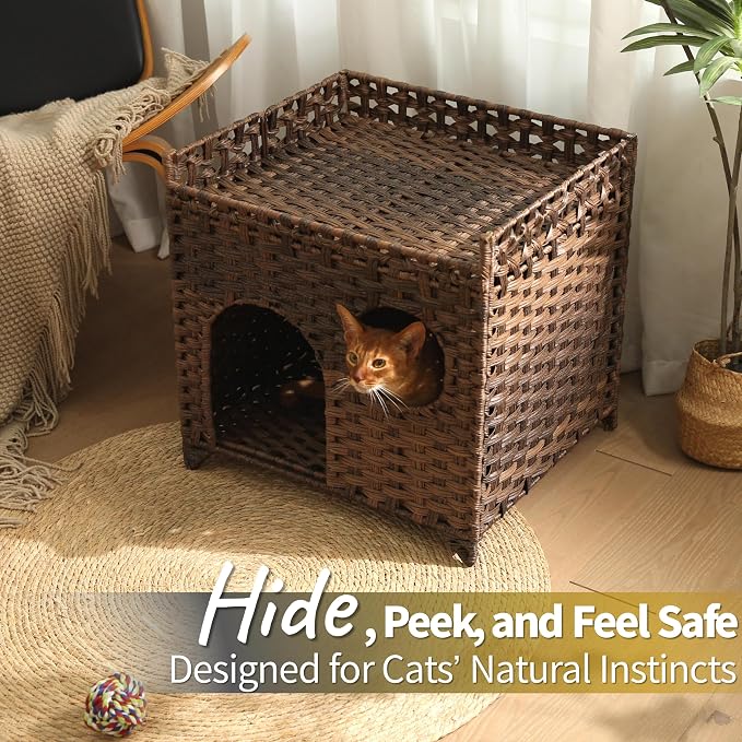 Wicker Cat House for 1-2 Cats Under 20 lb, Medium-Large Indoor Cat Condo No Assembly, Handwoven Rattan-Style Breathable Cat Bed Pet Cube for Living Room Bedroom, Suitable for Summer Use (Brown)