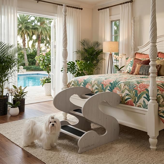 Wood Dog Stairs for Bed and Sofa (WhiteMapleGrainPatten) | 3-Step Small Senior Pet 23¼ D x 16¾" W x 19⅜ H,Trainer-Recommended Wood Ramp Steps