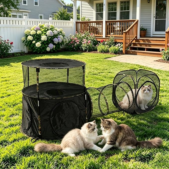 CypherX 3 in1 Catio Outdoor Cat Enclosure, 2-Tier Cat Tents with Tunnels for Indoor Cats/Pop Up Cube, Pet Tower Playpen with Tunnels and Tents, Portable Pet Playhouse for Outside, Patio (Camo)