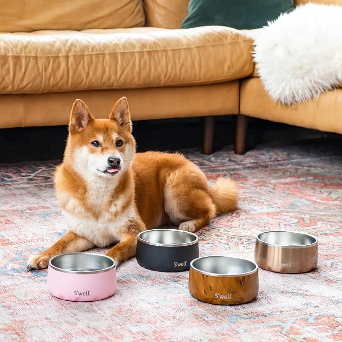S'well Stainless Steel Pet Bowl, 32oz, Pink Topaz, for Small to Medium Size Dogs, Mess Free Design with Non Slip Rubber Bottom, Dishwasher Safe, BPA Free
