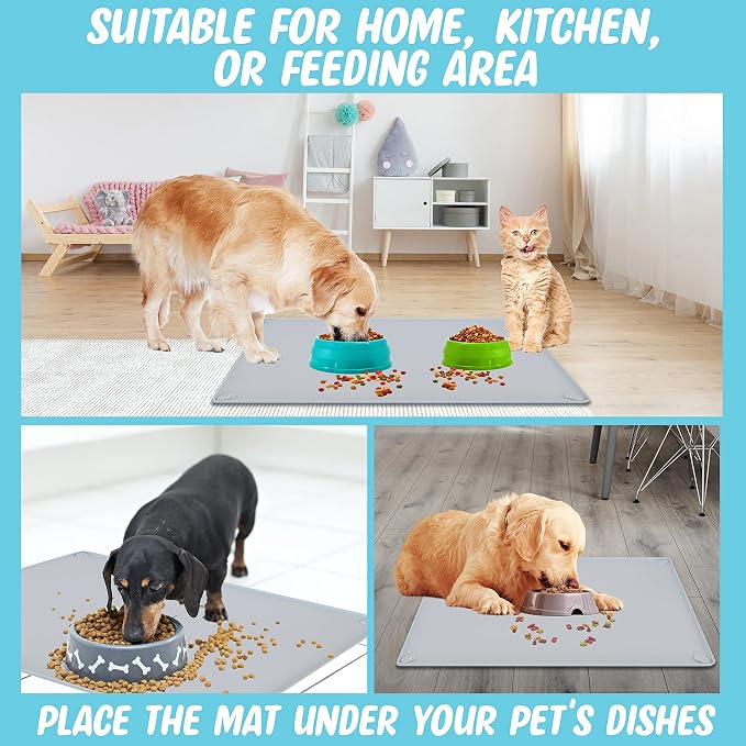 TidyFriend Pet Food Mat 30 x 23 Inches, Pet Tray for Food and Water, Dog Food Mats, Silicone Cat Food Mat, Non Slip Pet Food Mat, Dog Bowl Mat Waterproof, Pet Supplies (Soft Grey)