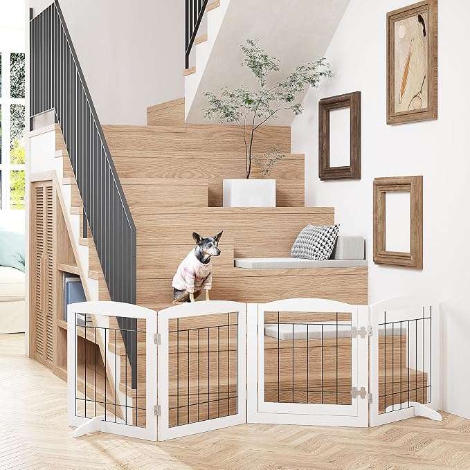 PAWLAND Freestanding Dog gate with Walk Through Door, Dog Gates for Doorways, The House, Stairs, 80" Wide Pet Puppy Safety Fence with Support Feet, 4 Panels, White