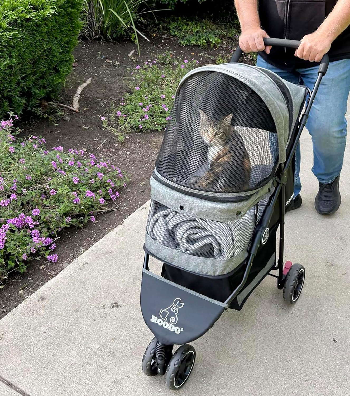 ROODO 3 Wheel Dog Pet Cat Stroller Best Lightweight Foldable Compact Portable Jogger All Terrain Travel Pet Gear Puppy Kitty Stroller for up to 30lbs Medium Small Dogs and Cats(Cationic ash)