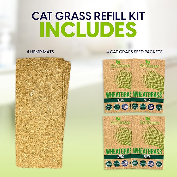 Cat Grass Refills for Self Watering Cat Grass Kit - 4 Mats and 4 Cat Grass Seed Packets (Refill Kit)