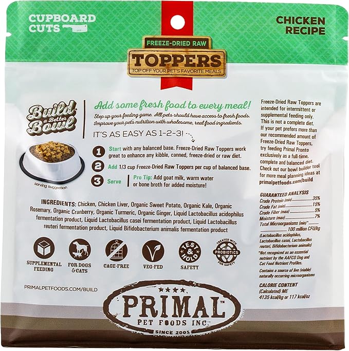 Primal Dog Food Toppers & Cat Food Toppers, Cupboard Cuts, Grain Free Meal Mixers with Probiotics, Raw Freeze Dried Dog Treats & Cat Treats, Great for Training (Chicken, 3.5 oz)