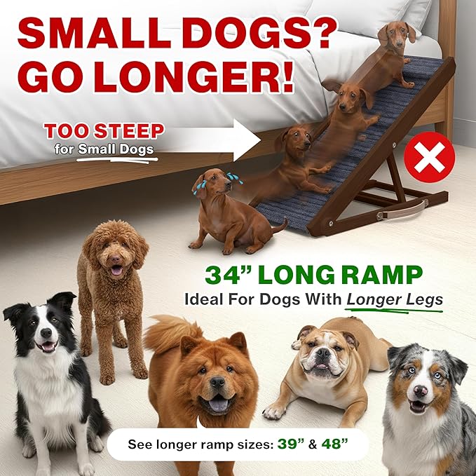 Adjustable Dog Ramp for Bed - 34" Long Foldable Wooden Ramp for Dogs to Get on Bed, Couch, or Car with 12.6" Wide Walking Space - (Walnut Wood with Gray Carpet)