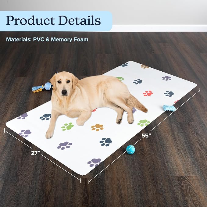 Dog Mat for Food and Water, Crate Pad, and Floor Protector - 55” x 28” Extra Large PVC Memory Foam Pad with Non-Slip Bottom - Stain, Scratch, and Water-Resistant Floor Mat by PETMAKER (Dog Bones)