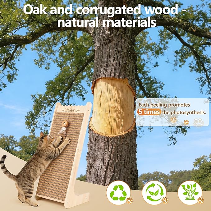 Natural Cork Cat Scratching Post-Cat Scratchers- Scratch Pads for Indoor-Cats Scratching Board-Cat ramp-cat Scratch Cardboard with Toy,Include 2 Pcs Replaceable Pads-Eco-Friendly Sustainable-Cat Gift