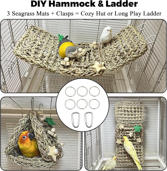 Jevnd 2pcs Bird Spinner Toys & Seagrass Bed Set - Natural Wood Parrot Toys with Bells, Handwoven Nest & Climbing Ladder, Chewable Hammock for Cockatiels, Conures, Lovebirds, Budgies, Quaker