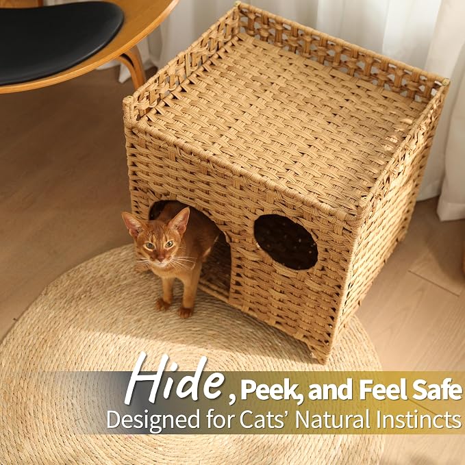 Wicker Cat House for 1-2 Cats Under 20 lb, Medium-Large Indoor Cat Condo No Assembly, Handwoven Rattan-Style Breathable Cat Bed Pet Cube for Living Room Bedroom, Suitable for Summer Use (Tan)