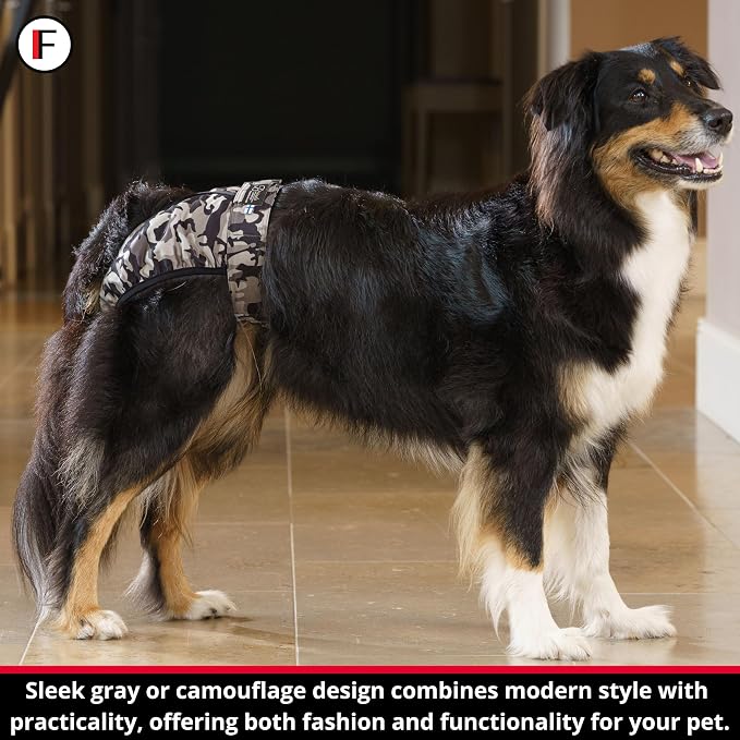 FINNERO Brenda Reusable Dog Diaper, Leak-Proof, Adjustable, Heat & Incontinence Protection, XL – Camo