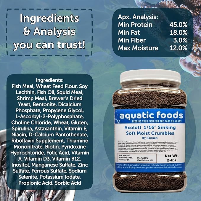 1/16" Soft Moist Sinking Salmon Crumbles for Baby Axolotls, Shrimp, Snails, Crabs, Small Amphibians, Bottom Tropical Fish ...10oz Small Jar