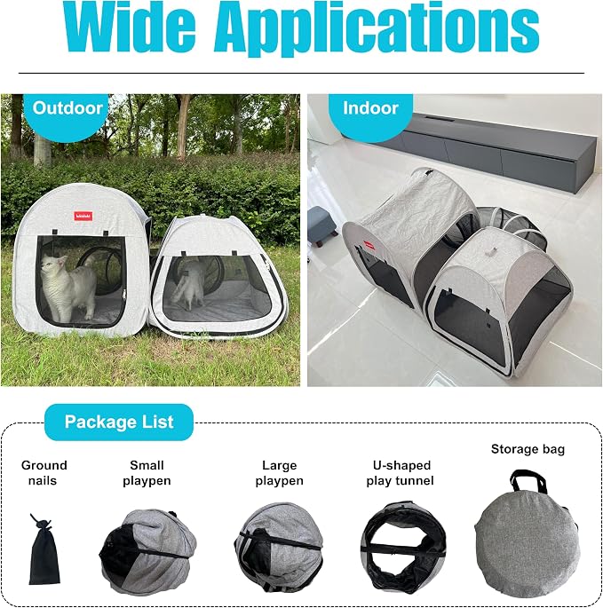 Portable 3-in-1 Cat Playpen, Outdoor Pop-up 2-Room Pet Playpen with Tunnel, Foldable Cat Dog Crate Play Enclosure with Separate Areas for Puppy Kitten and Small Animals Indoor Travel
